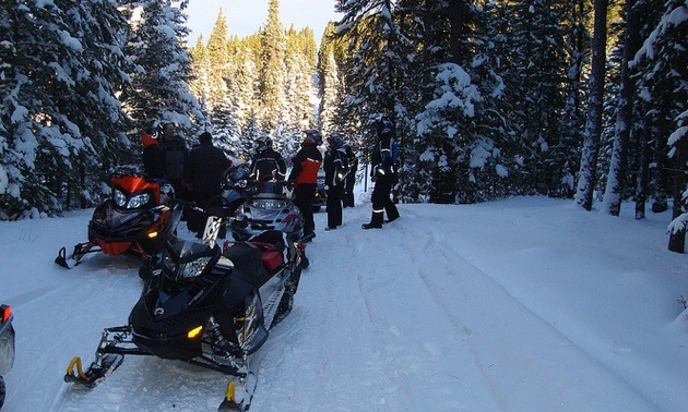 A number of sledders stopped on one of the Sno-Seekers' many mapped, wide, groomed trails in Edson, Alberta and the surrounding area.