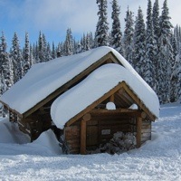 A photo of a cabin covered in powder snow.