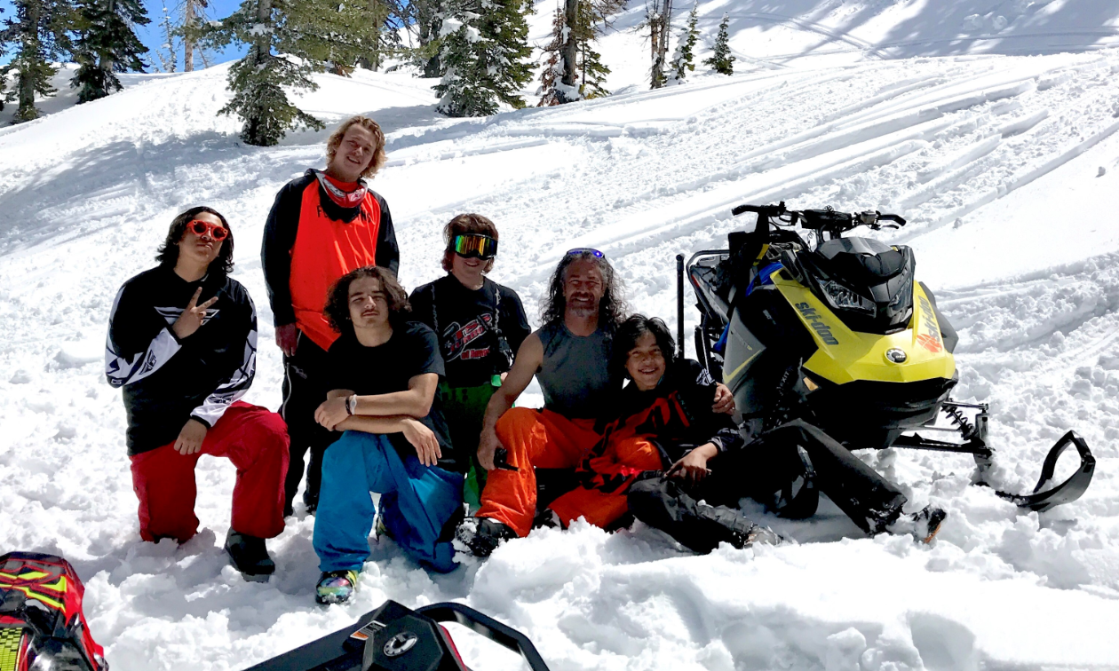 Left to right: Billyzane Coby (Red Pants/Black and white top), Kobe Sugihara (Standing Orange/Black top), Daxten Vanausdal (Blue pants Kneeling), Cooper Sugihara (Black Top/Goggles on), Randy Sugihara (Orange Plants), Azeri Coby (Black and red top).