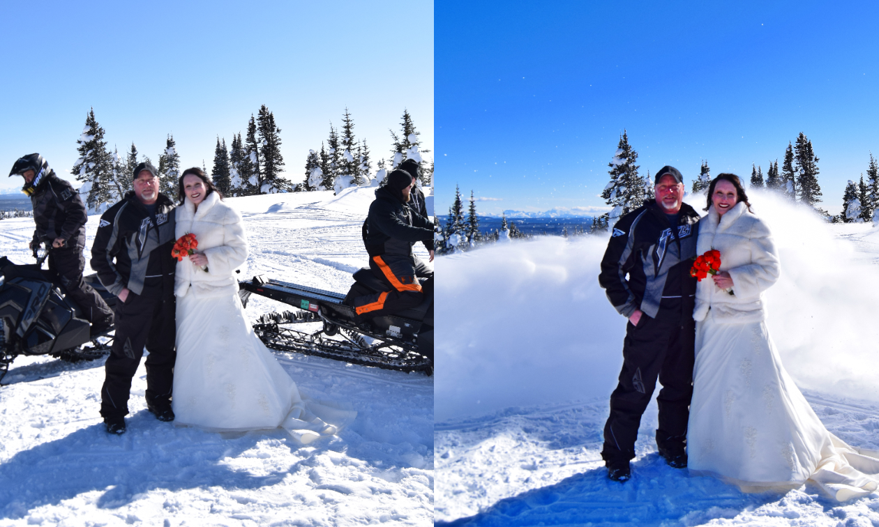 Before and after shots of two snowmobiles driving away from a couple on top of a mountain, resulting in a plume of white powder. 
