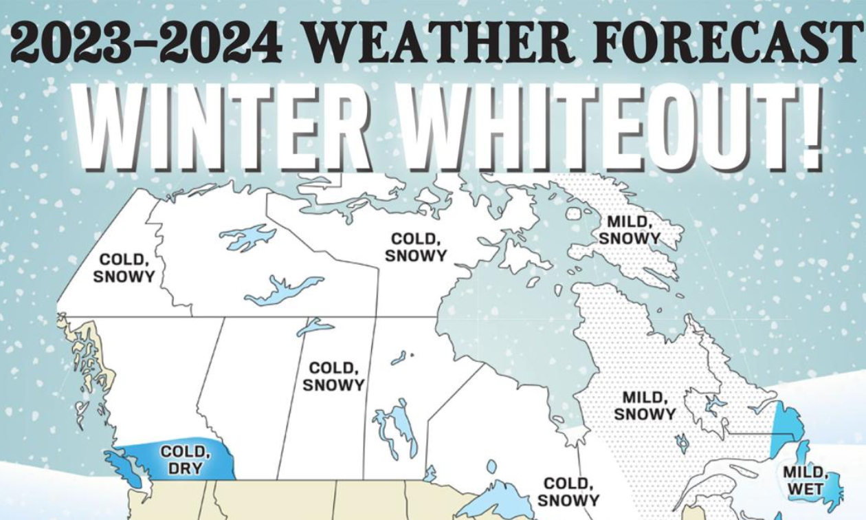 The Old Farmer’s Almanac weather map of Canada for winter 2023-2024. 
