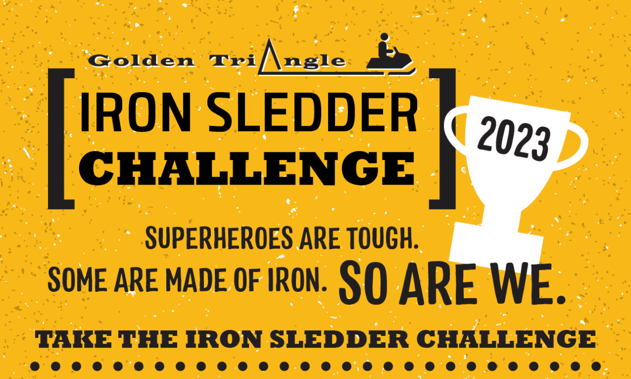 A yellow graphic that explains the Iron Sledder Challenge.