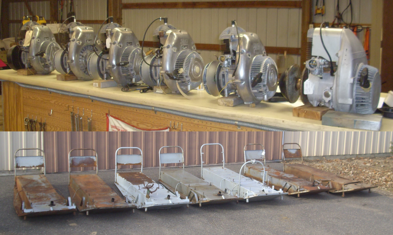 The engines and chassis of Valdi Stefanson’s Sno Scoot snowmobiles. 