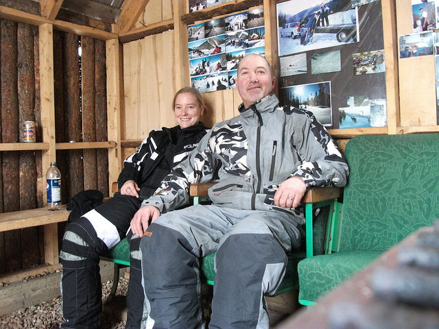 Darren and Baukje Strawson, in a cabin warming up. 