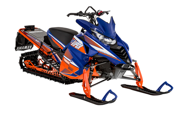 Yamaha orange and blue mountain sled. 