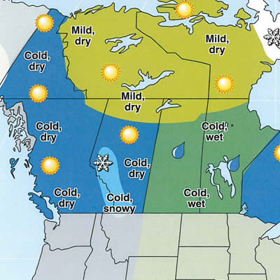 Map of Canada with the weather forecasts for winter 2015-2016.