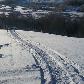 Snowmobile tracks going over a hill off into the distance. 