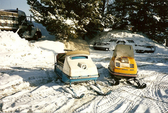 Two vintage sleds sit on a trail. 
