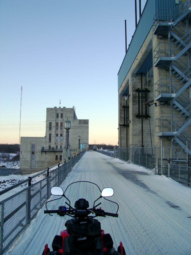 Crossing the Seven Sisters hydro dam at Whiteshell Provincial Park. 