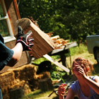 Photo of a young brown haired girl throwing a piece of wood up to a person in a black shirt and ball cap who is standing on the back of a truck. 