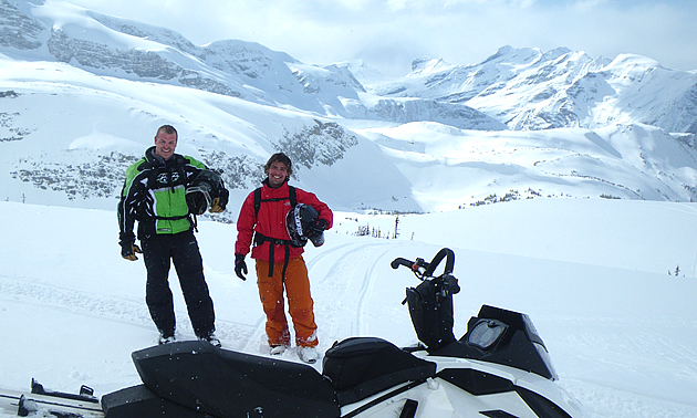 Tyler Collett and Les Driedger sledding in Kakwa. 