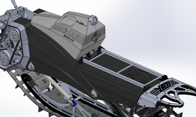 A CAD rendering of the Yeti fuel tank and cargo rack. 