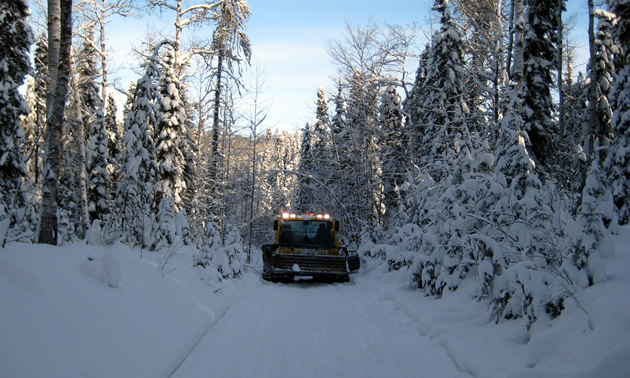 A groomer running down a snowmobile trail. 