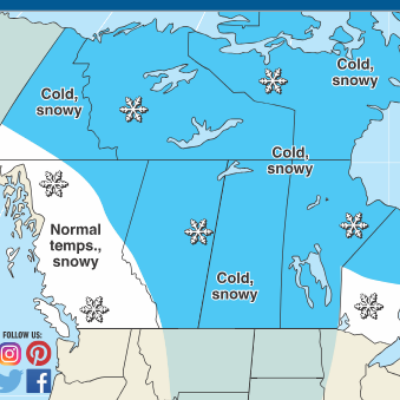 The Old Farmer's Almanac weather map of Canada for winter 2018-2019.