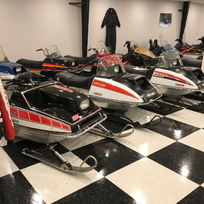 Some of Larson's Yamaha's are on display in Lorne's Vintage Sleds