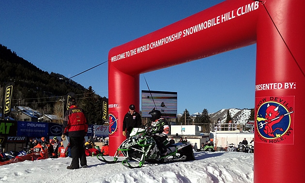 Brent Pukas parked under the entry arches for the World Championship HillClimbs in Jackson Hole. 