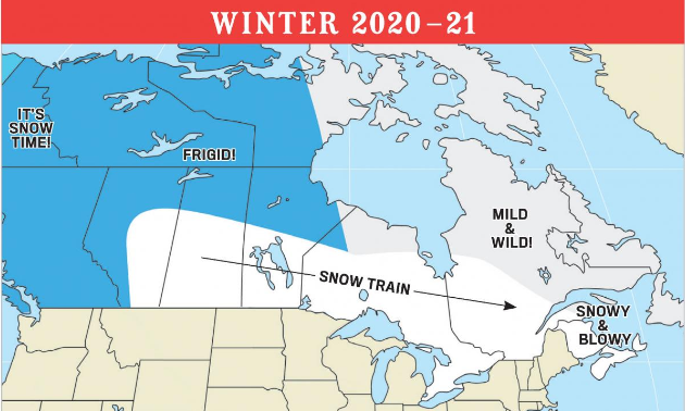 The Old Farmer’s Almanac weather map of Canada for winter 2020-2021.