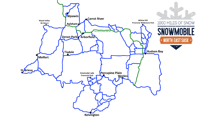 A map of the 1000 Miles of Snow in Saskatchewan.