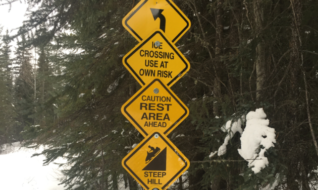 Four yellow signs in front of trees next to a snowmobile track.