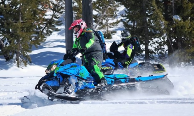 Kadie McCallum wears a pink helmet with a green and black coat and rides a blue and green snowmobile through fresh powder.