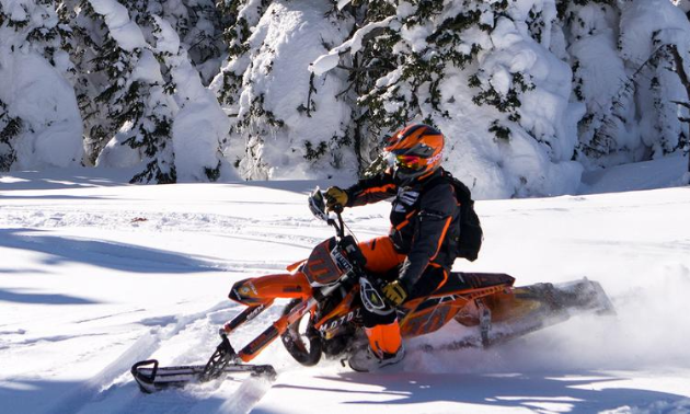 An orange snow bike carves through a white glade. 