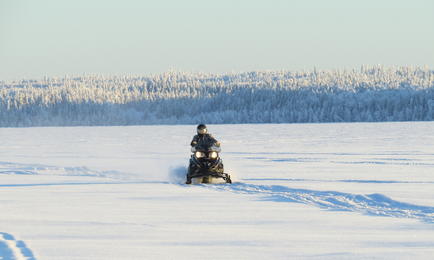 A sledder rides through a field with mountains in the background