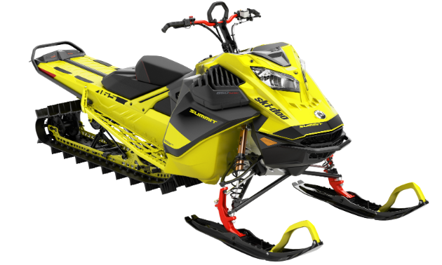 A yellow 2020 Ski-Doo Summit 850 E-TEC from an angular front view. 
