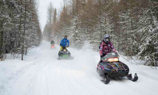 A few snowmobilers ride along a trail. 
