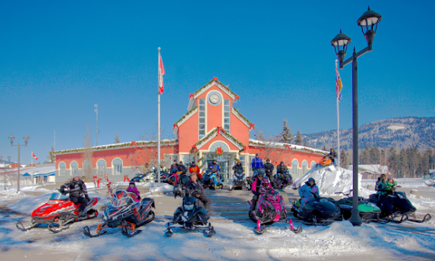 A group of sledders gather at Tumbler Ridge Town Hall.