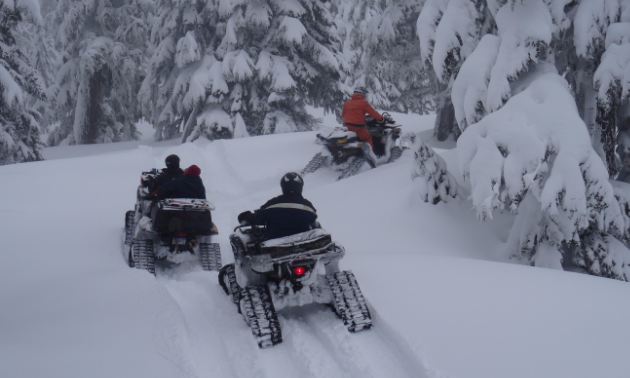 Three ATV riders with tracks ride through the snow