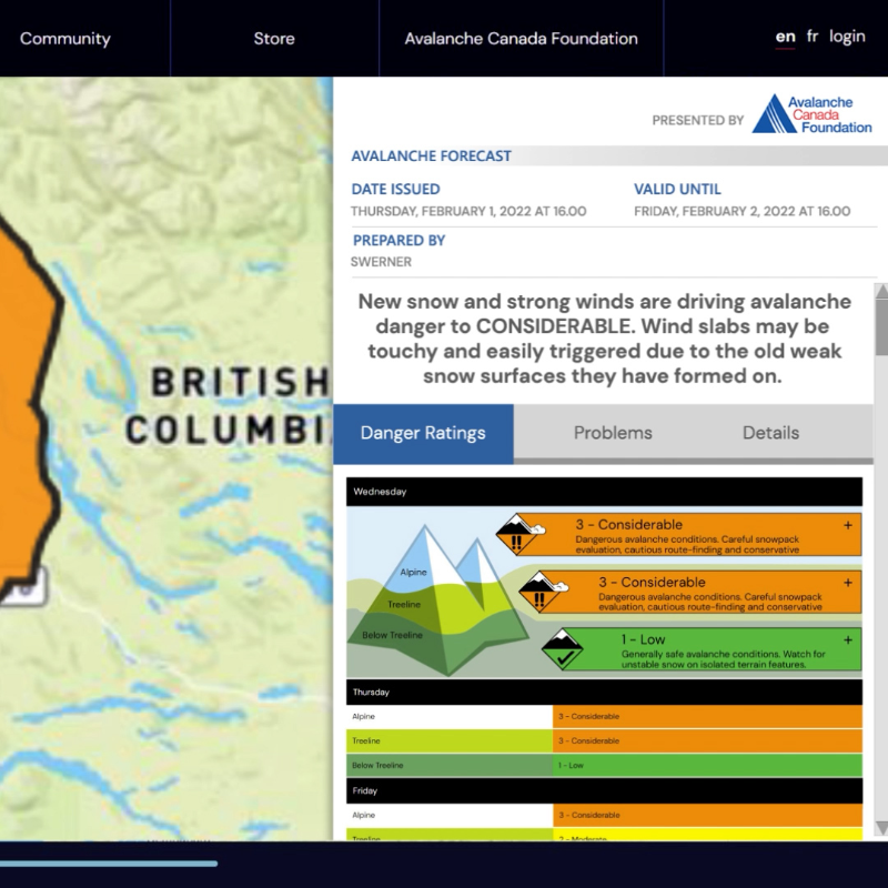 Avalanche Canada’s website shows a map of British Columbia with parts highlighted in orange. 