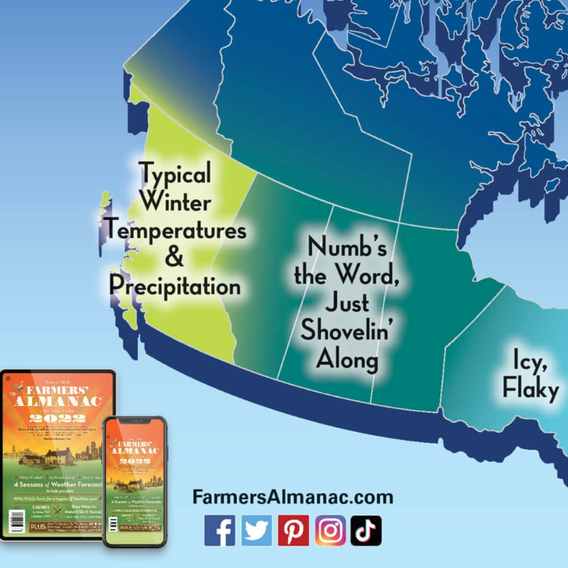 The Old Farmer’s Almanac weather map of Canada for winter 2021-2022.