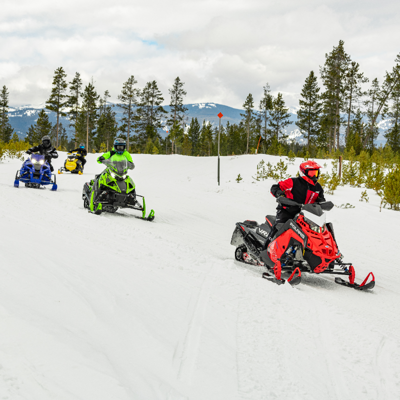 Four snowmobilers cruise around a corner. The sledder in front is all red. The next is green. Third place is blue. Yellow rounds out the rear. 