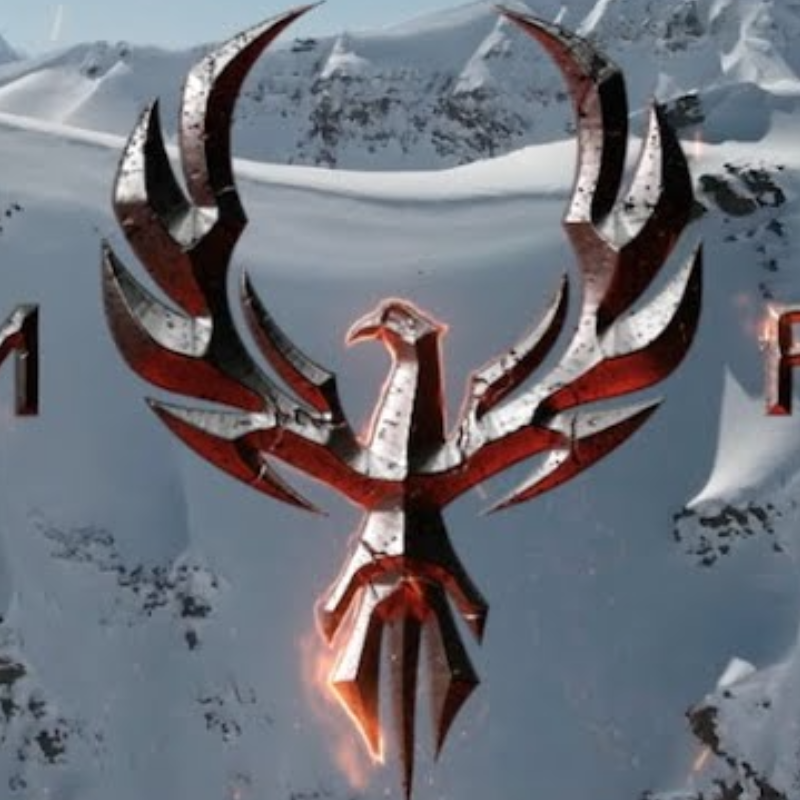 A red flaming graphic says Sledfarm Rising with an image of a phoenix and a photo of a snowy mountain in the background.