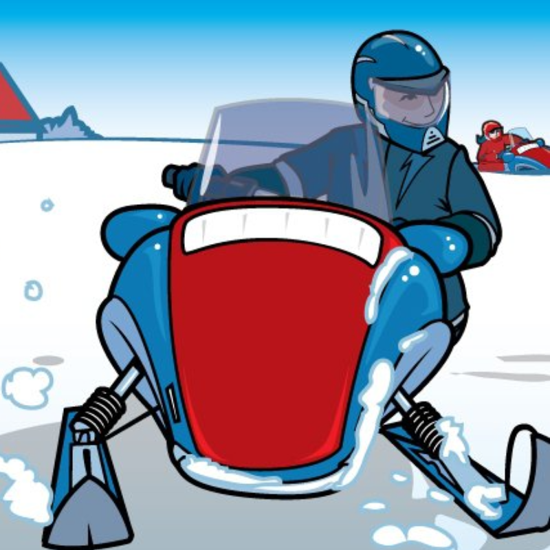 An animation of a snowmobiler wearing blue, riding through snow.