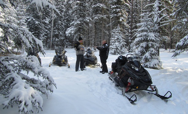 The Junction off of the Trans Canada Snowmobile Trail to Grassy Lake and beyond. Dennis Irving, special projects, and Dave Bilsky, club president, checking out the trails before the annual club rally. February 2013.  