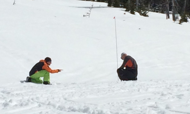 Marshall Dempster shows Blair Trueman the ropes on avalanche probe skills in the AST 1 course from Frozen Pirates Snow Services in Valemount, B.C. 