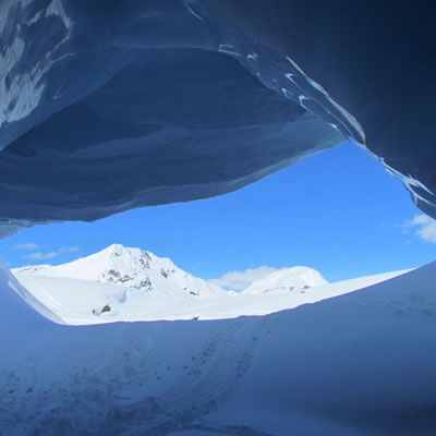 A view from inside one of the snow caves that riders can find along Blue River's 
