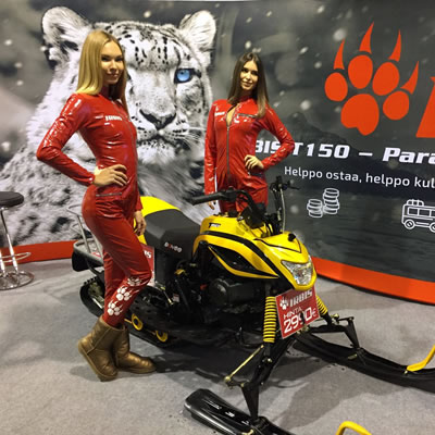The T150 Russian IRBIS snowmobile on display at a recent trade show. 