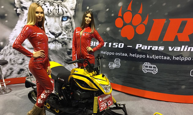 The T150 Russian IRBIS snowmobile on display at a recent trade show. 
