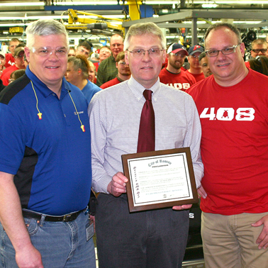 Dalton Pierce – Director Roseau Operations; Mayor Jeff Pelowski, Mayor of Roseau; Bill Miller – Director Snowmobile Engineering