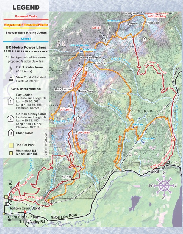 A snowmobile map of Hunters Range in Enderby.