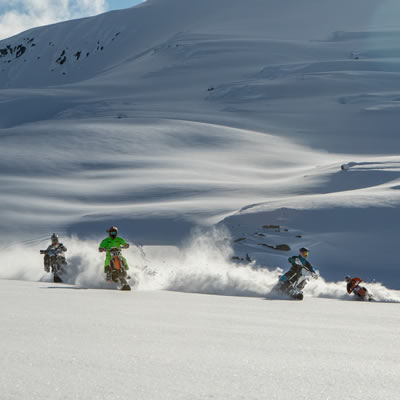 Reagen Sieg, Robbie Maddison, Darren Berrecloth and Brock Buttars snow bike in Braloren, British Columbia, in February 2017. 
