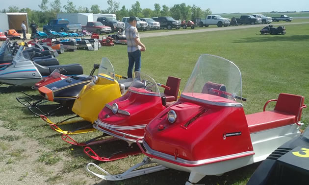 Vintage snowmobiles at the Vintage Snowmobile Show in Saskatchewan. 