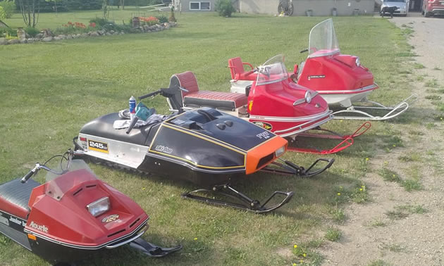 Vintage snowmobiles at the Vintage Snowmobile Show in Saskatchewan. 