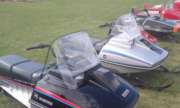 Vintage snowmobiles at the Vintage Snowmobile Show in Saskatchewan. 