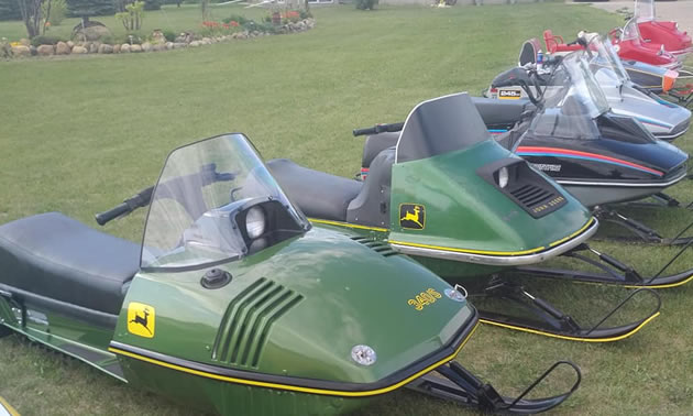 Vintage snowmobiles at the Vintage Snowmobile Show in Saskatchewan. 