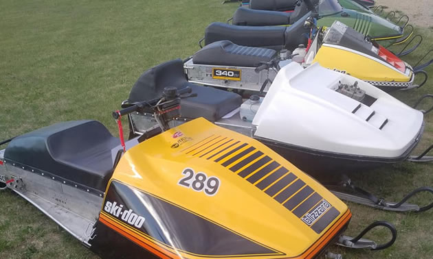 Vintage snowmobiles at the Vintage Snowmobile Show in Saskatchewan. 