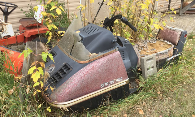An old Scorpion Stinger 400 sled, spotted in a rural Alberta backyard. 
