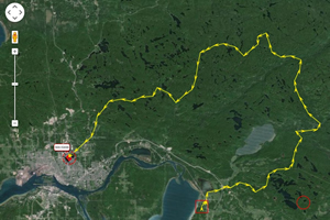 GPS satellite tracking coordinates, plotted on a map at 10 minute increments, provide information to a central monitoring hub.